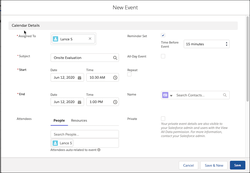 New event window, showing all the event layout fields available.