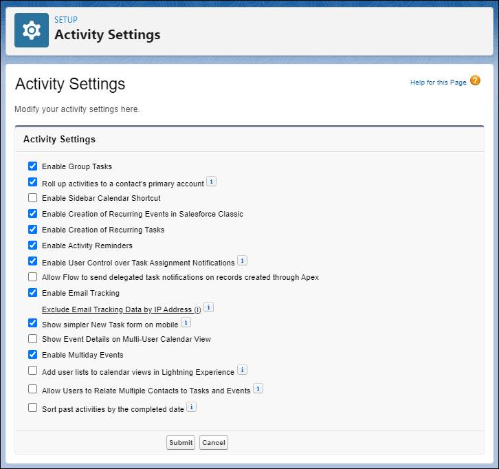 Página Configuración de actividad en Configuración.