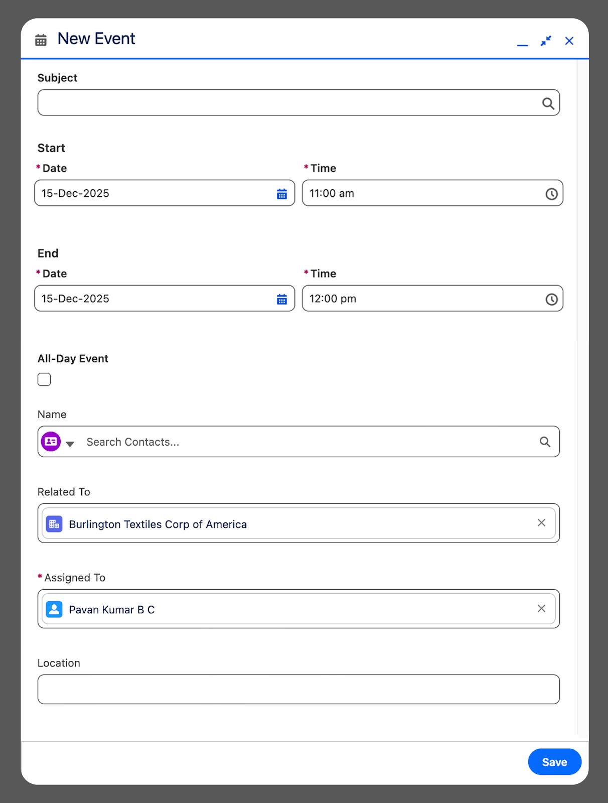 Ventana Nuevo evento, que muestra los campos del formato de eventos disponibles.