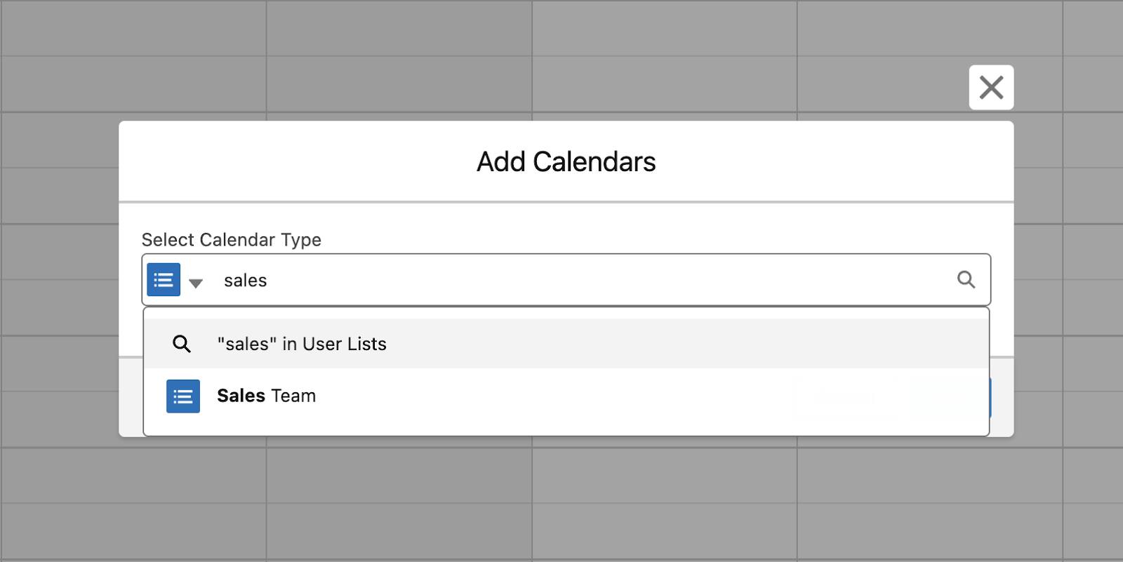 Ventana Agregar calendarios, que muestra la elección de la lista de usuarios.