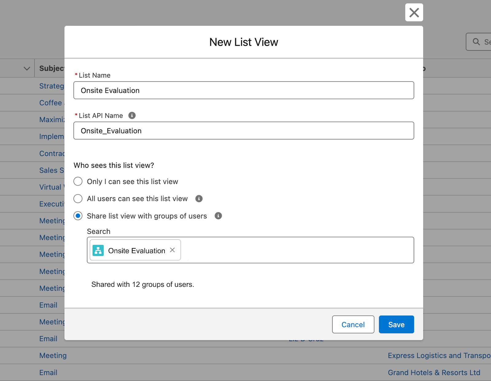 Fenêtre de nouvelle vue de liste.