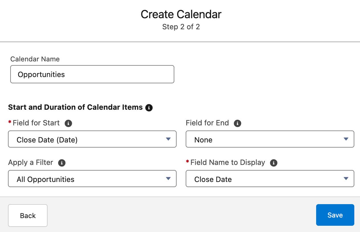 Fenêtre Create object calendar (Créer un calendrier à partir d’un objet), montrant le filtre All Opportunities (Toutes les opportunités) appliqué.