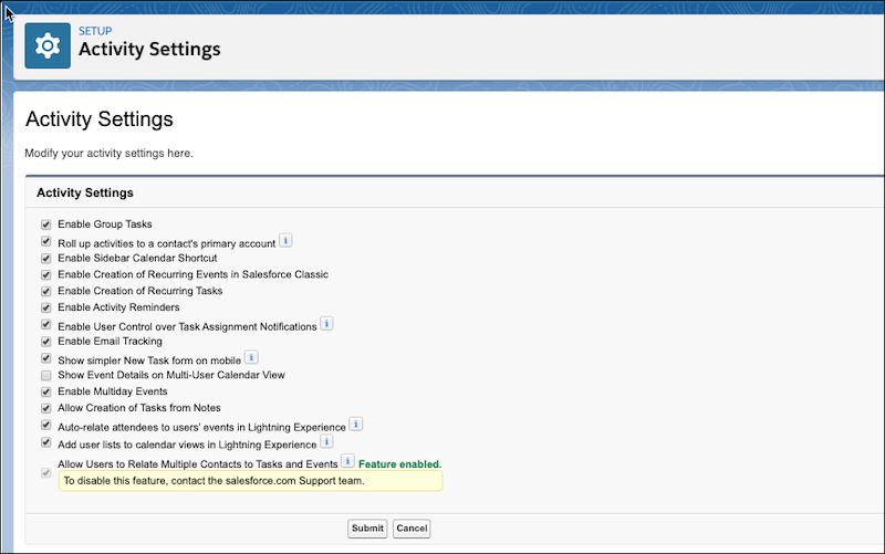 Página Configurações de atividades em Configuração.