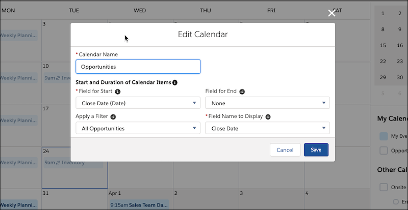 Janela Editar calendário de objeto, mostrando o filtro Todas as oportunidades aplicado.