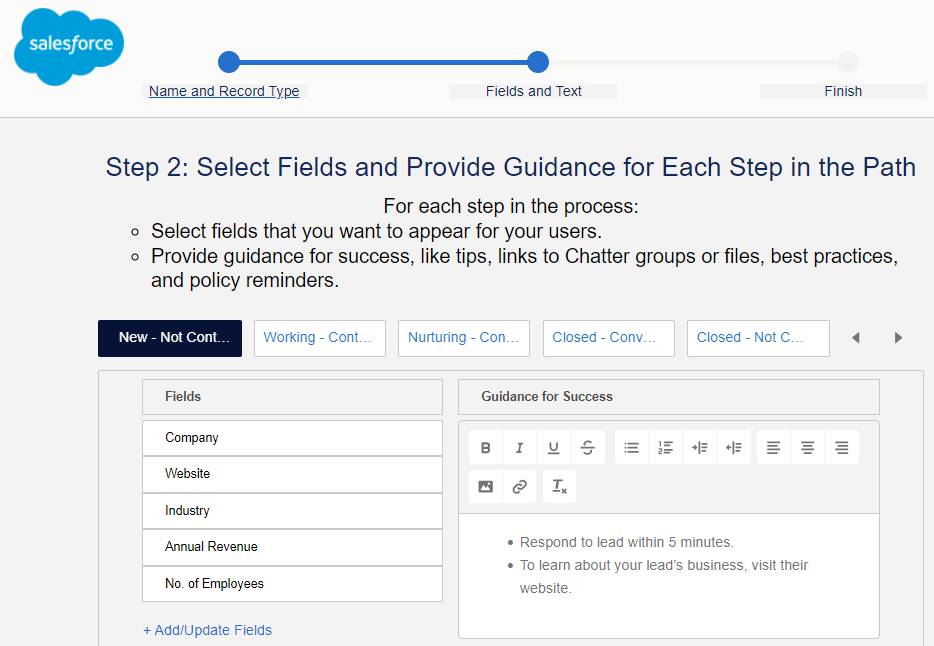 Ajoutez des champs et des conseils dans les paramètres de parcours pour l’étape New - Not Contacted (Nouveau - Non contacté)