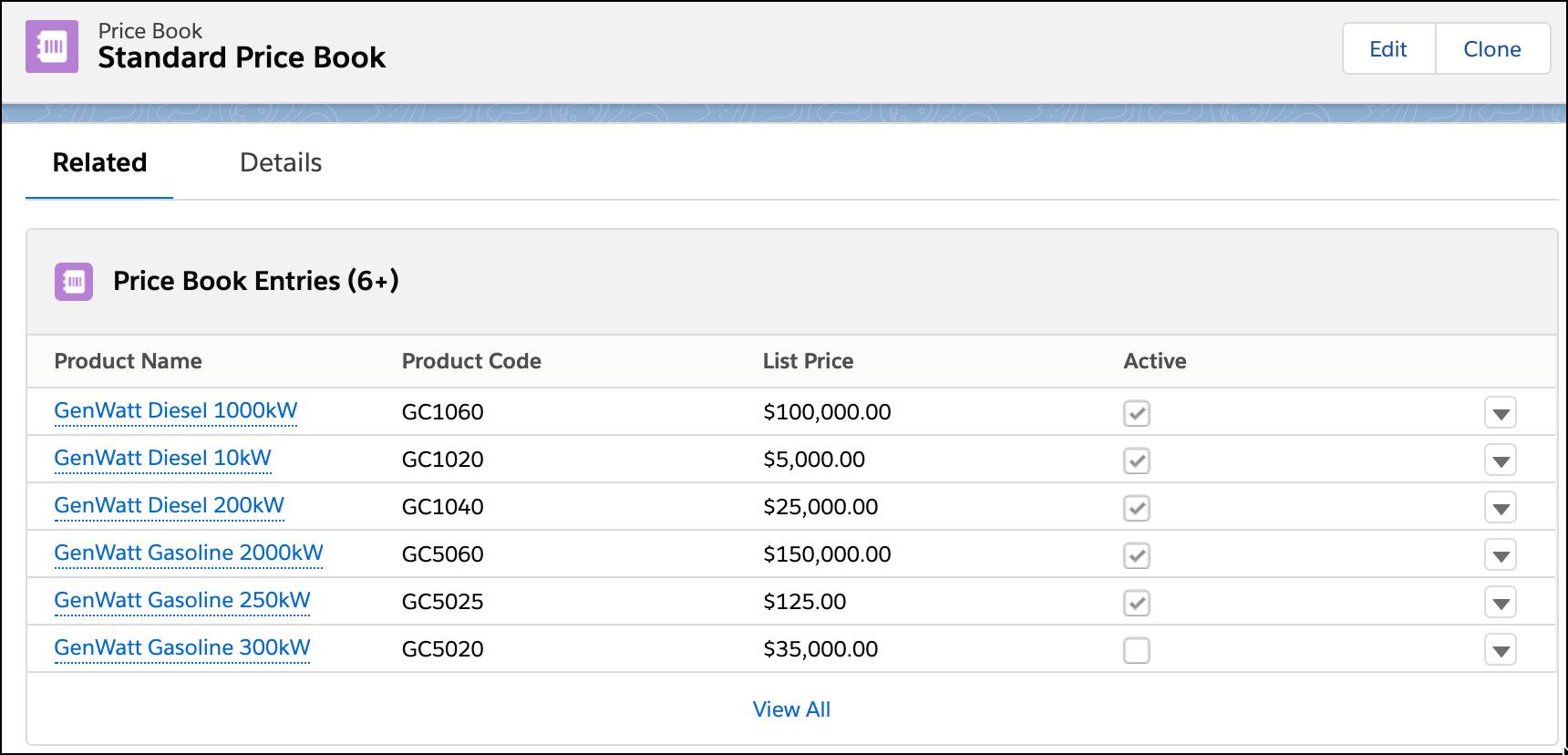 Standard Price Book with products