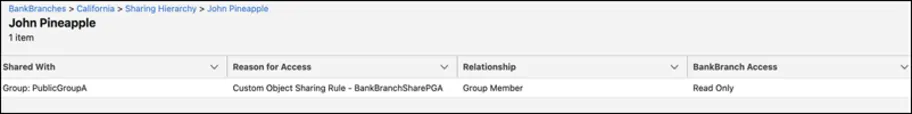 Closeup view of user John Pineapple’s access, and the Reason for Access reads: Custom Objects Sharing Rule - BankBranchSharePGA.