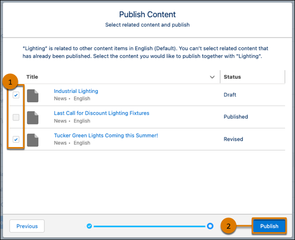 Publish window for a CMS Manual Collection with related content.