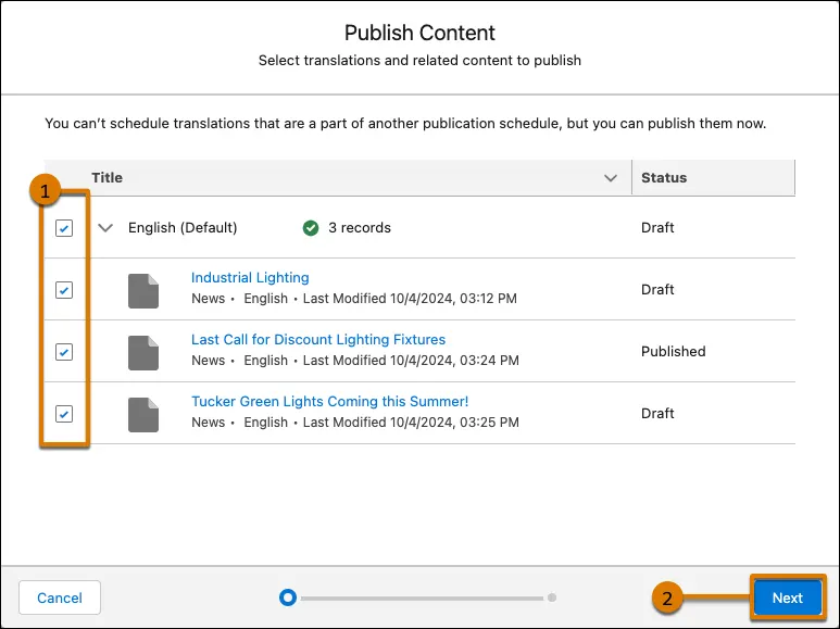 Ventana de publicación de una recopilación manual de CMS con contenido relacionado.