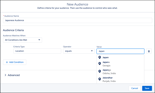 Creating a new audience with Japan as the main location criteria.