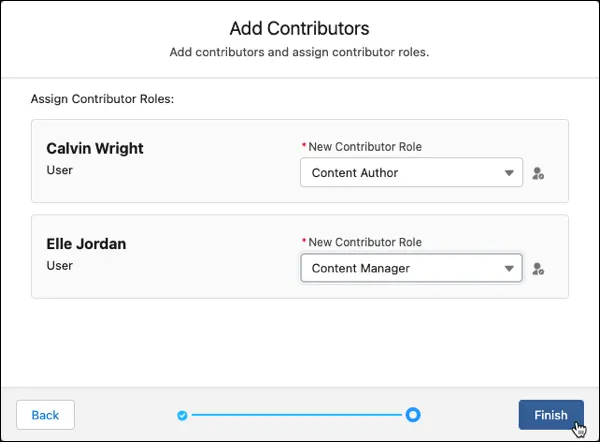 Add Contributors window for an enhanced CMS workspace. Calvin and Elle are assigned contributor roles.