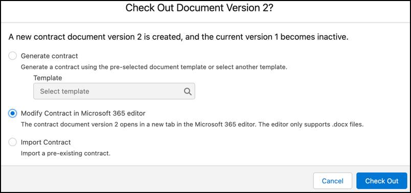 新しい契約ドキュメントバージョンを作成する 3 つのオプションが表示されている [Check out document (ドキュメントをチェックアウト)] 画面。