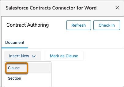 ドキュメントテンプレートに新しい条項を追加する [Insert New (新規挿入)] の [Clause (条項)] オプション。