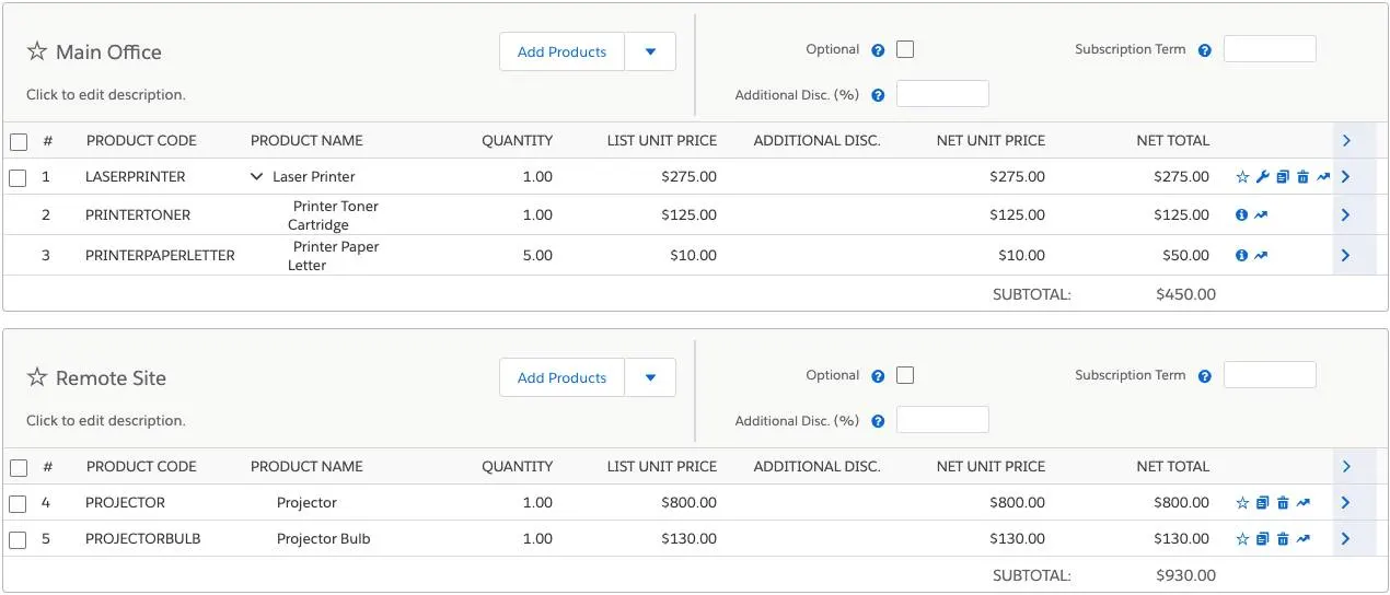 Quote Line Editor with two quote line groups