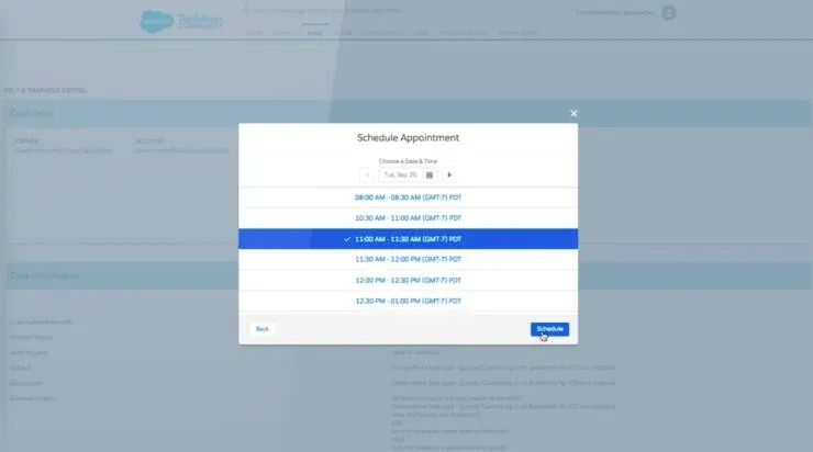 Utilisation du planificateur de rendez-vous de Service Cloud pour sélectionner un créneau afin d’échanger avec un agent.
