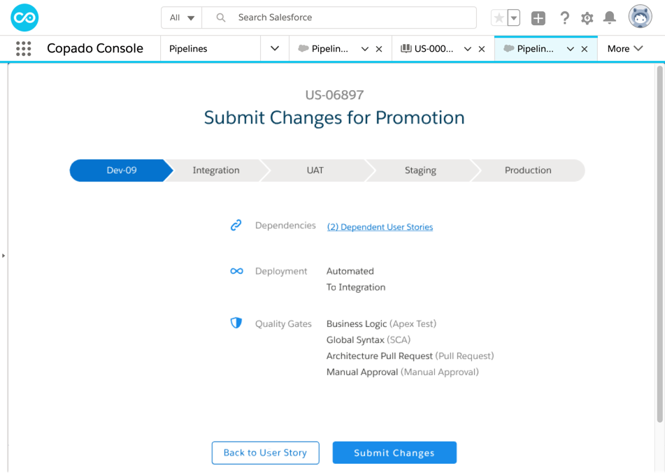 User story changes submission screen in Copado