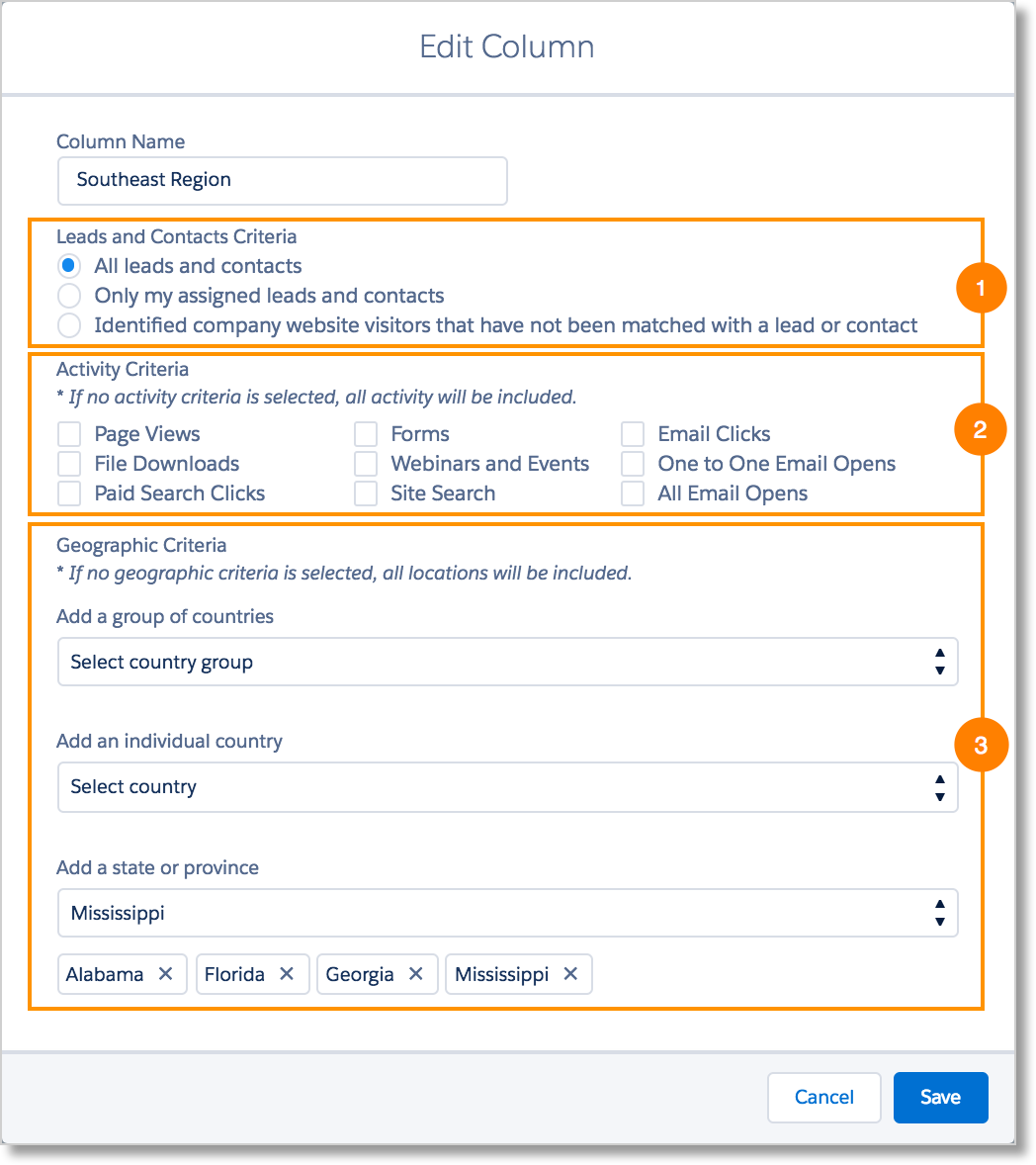 Engage Alerts filter displaying Leads and Contacts Criteria, Activity Criteria, and Geographic Criteria