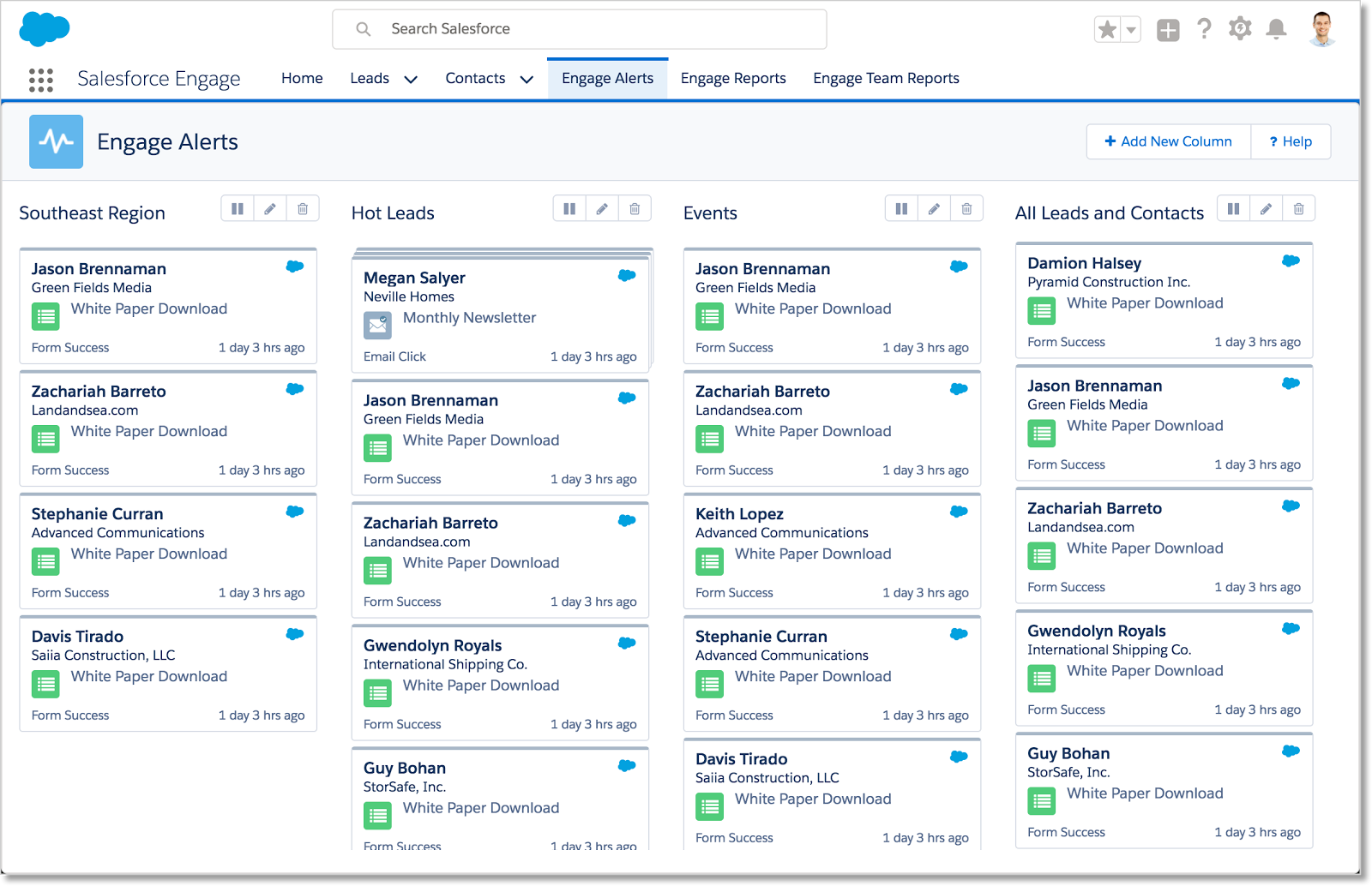 Engage Alerts tab displaying Southeast Region, Hot Leads, Events and All Leads and Contacts columns