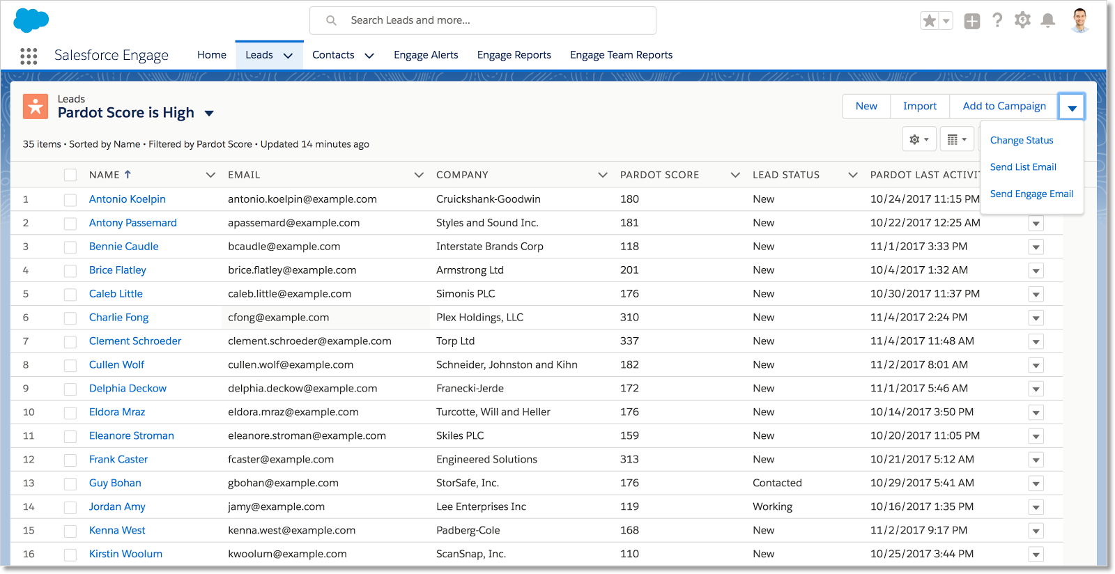 Salesforce Engage Leads tab with “Pardot Score is High” list