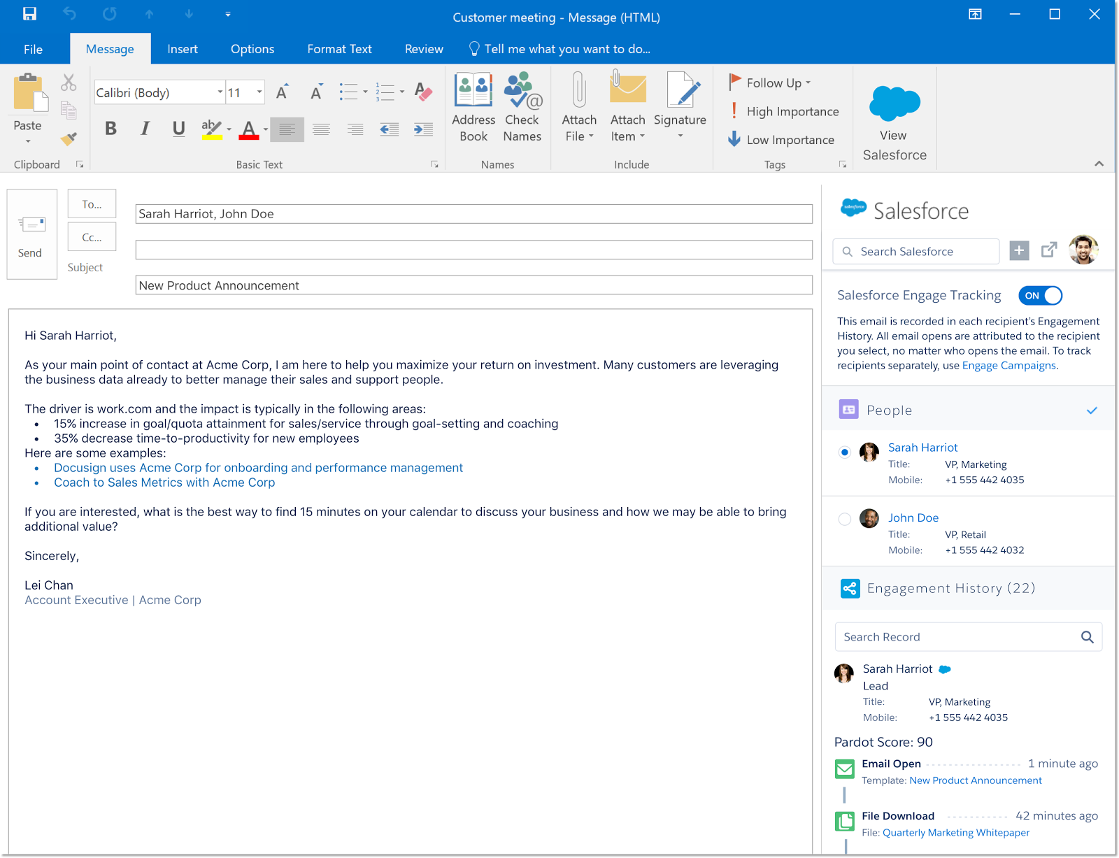 Engage for Outlook displaying Salesforce Engage Options