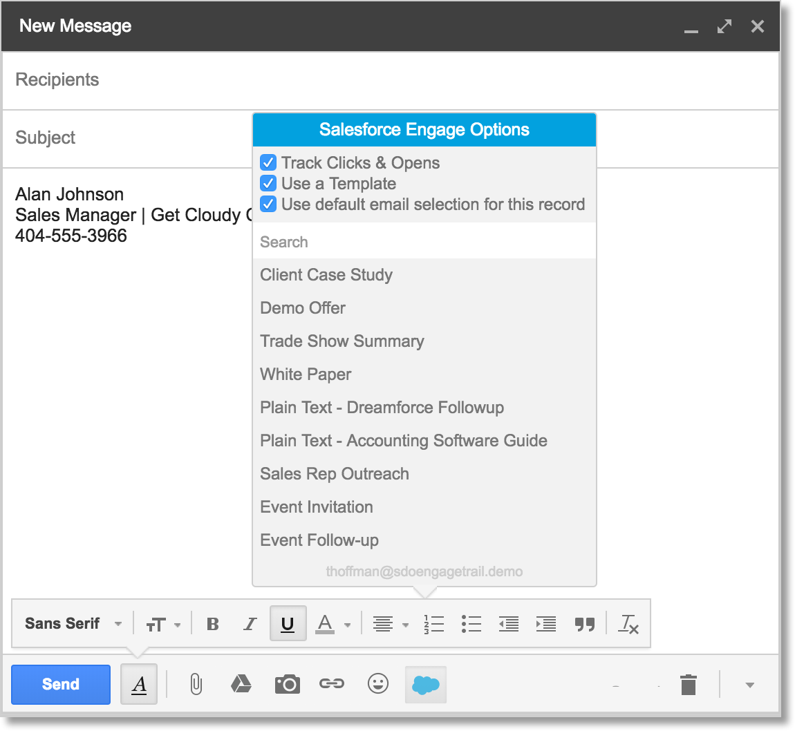 Engage for Gmail displaying Salesforce Engage Options