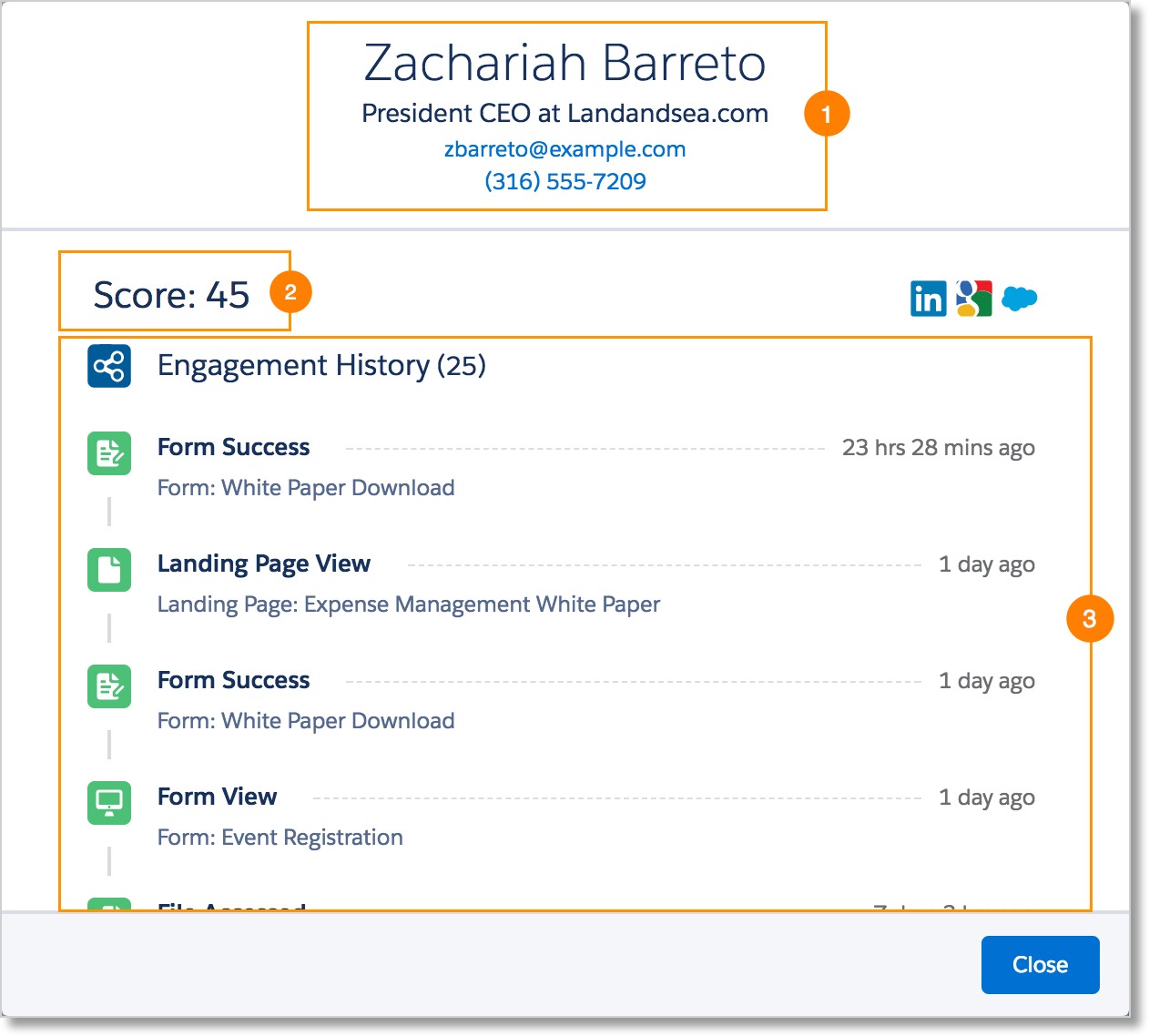 Prospect card displaying contact information, Pardot score, and Engagement History