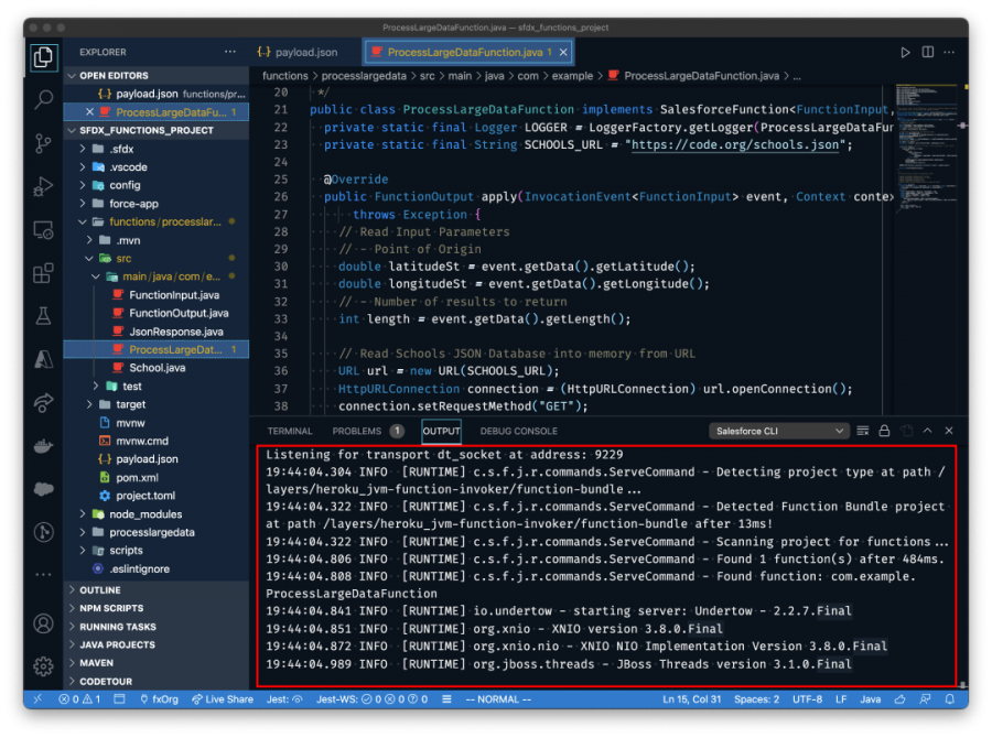 A functions project in VS Code displaying invocation responses from the server.