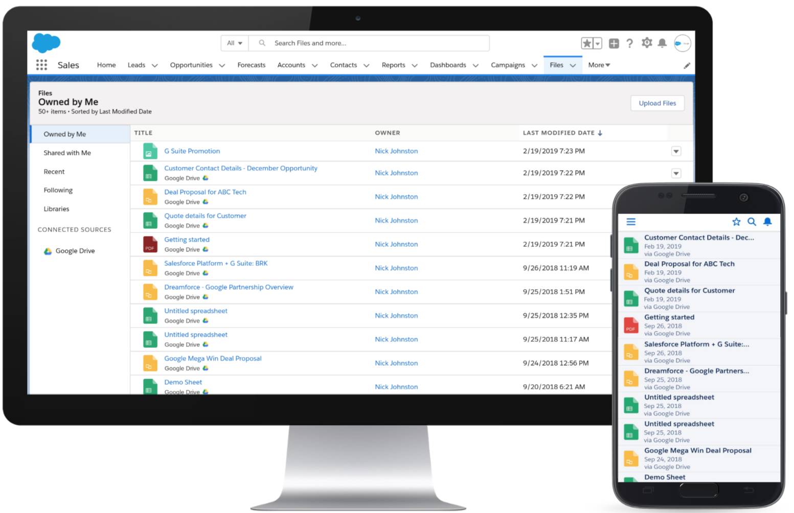 Google files exposed in the Salesforce UI both on the desktop and mobile devices.
