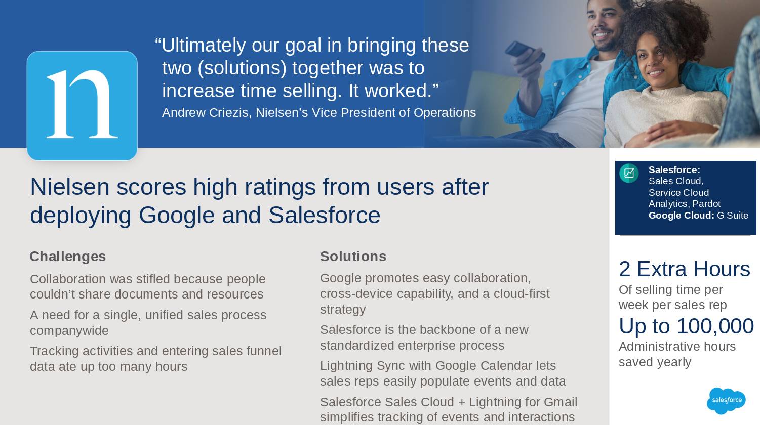 Corresponding table for “Nielsen scores high ratings from users after deploying Google and Salesforce.