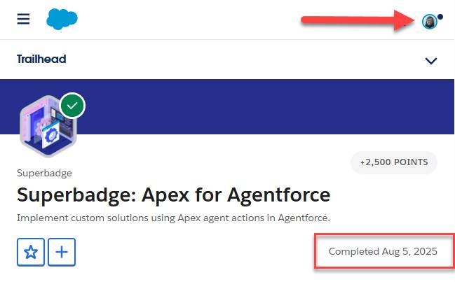 Superbadge completion confirmation with profile icon and completed date.
