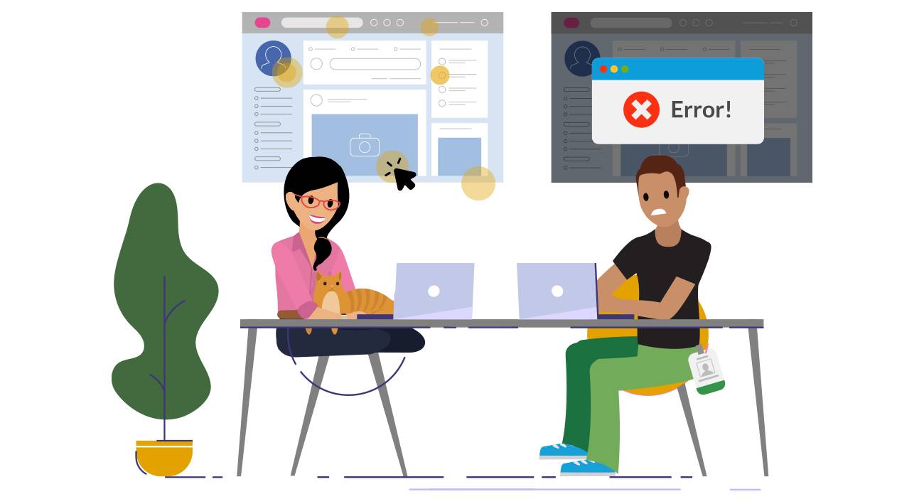 Two users at their laptops, one navigates the user interface, and one encounters an error notification