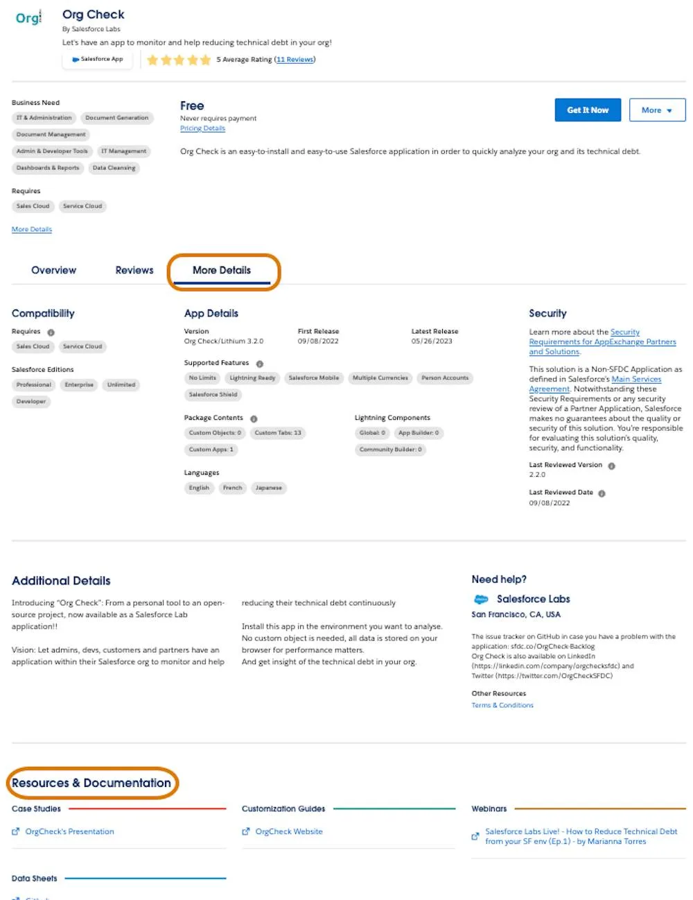 The OrgCheck AppExchange listing with highlights on More Details and Resources & Documentation.