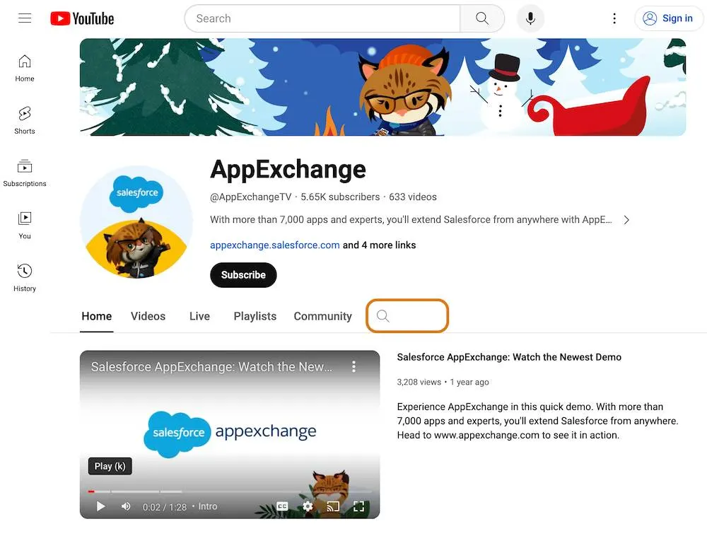 The AppExchange channel on YouTube with a highlight on the search box.