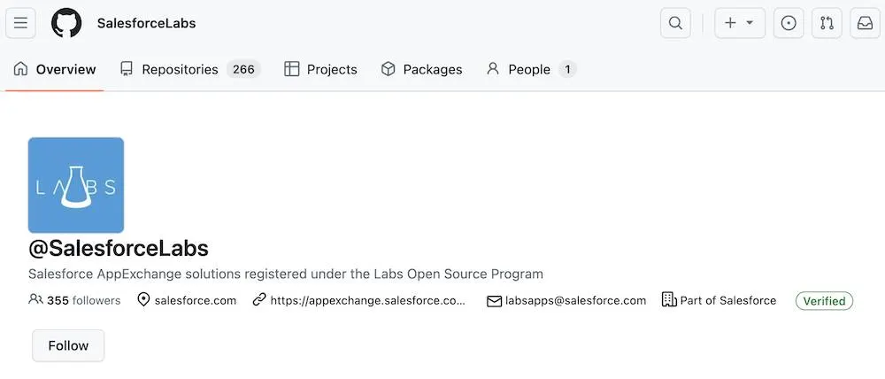 A view of the SalesforceLabs GitHub repository.