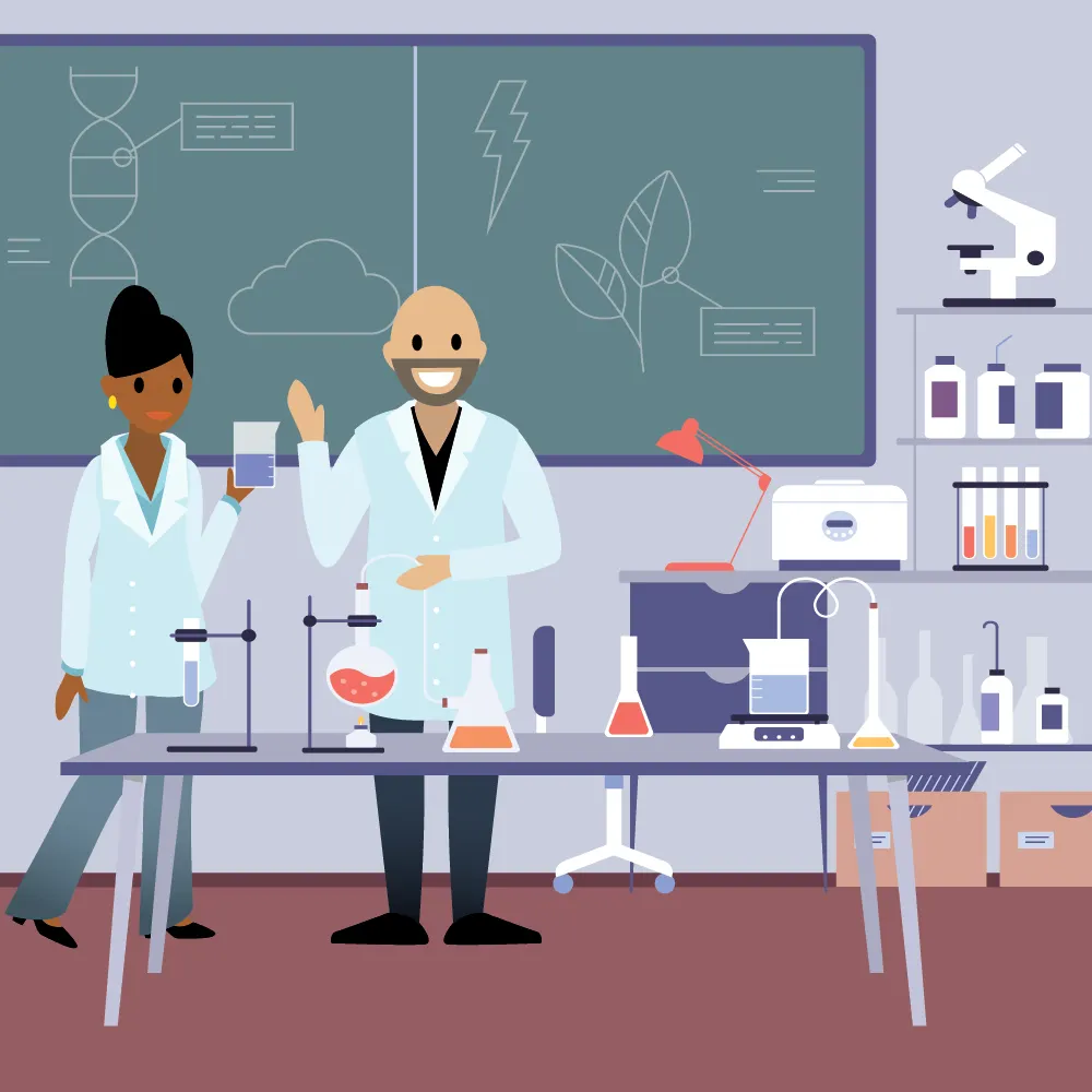 Salesforce Labs wearing lab coats in a chemistry laboratory.