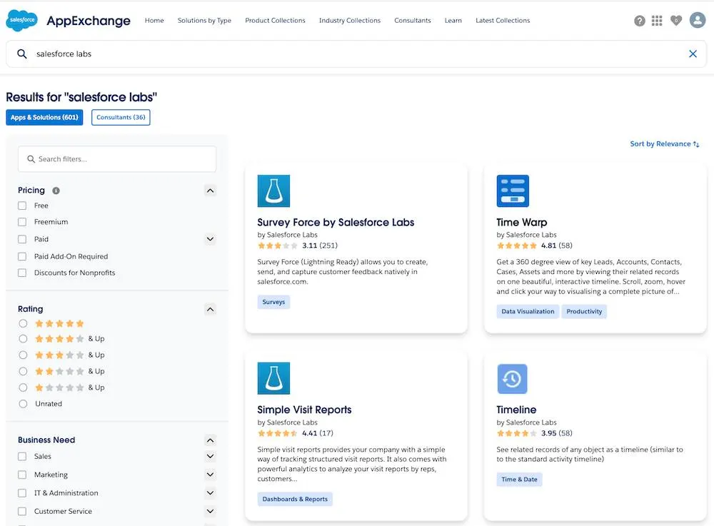 A view of the AppExchange search box with results matching Salesforce labs.