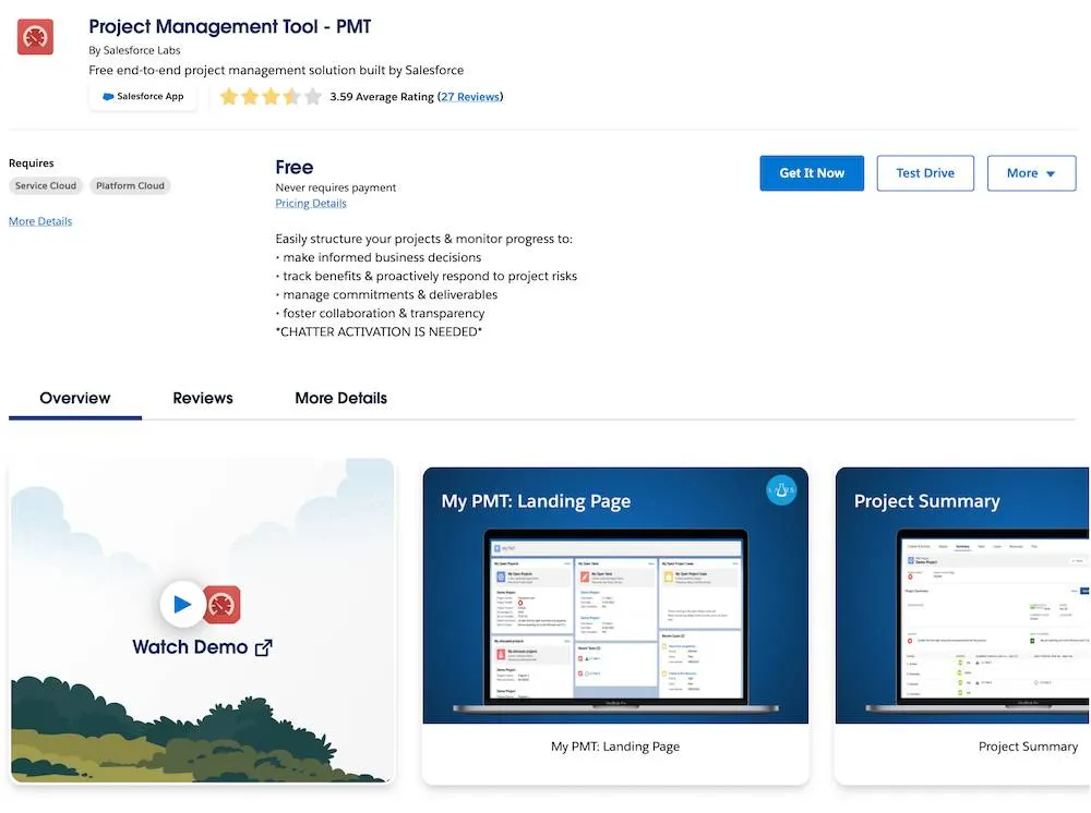 A view of the Project Management Tool - PMT solution listing.