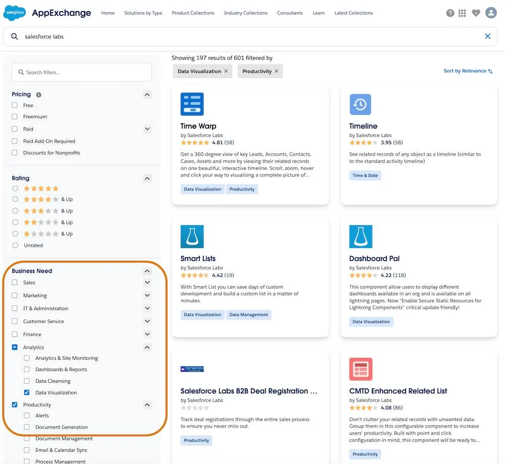 A view of AppExchange search with Analytics, Data Visualization, and Productivity selected.