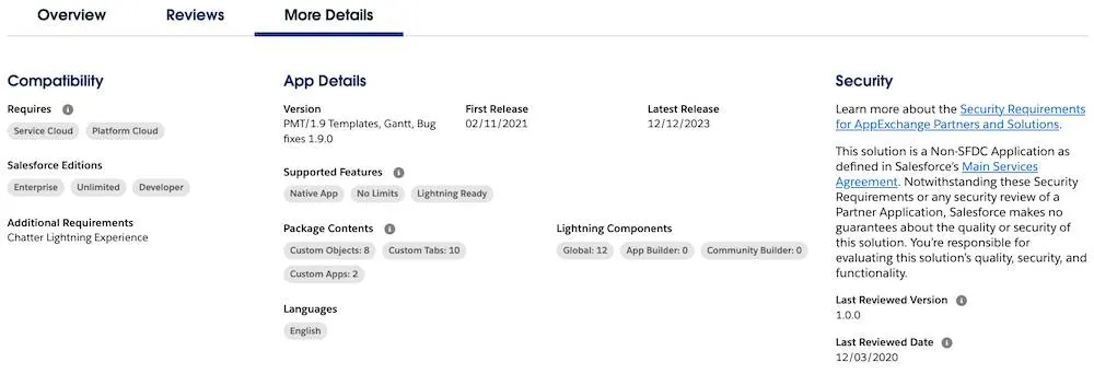 An example AppExchange solution listing’s More Details tab with a highlight on Supported Features.