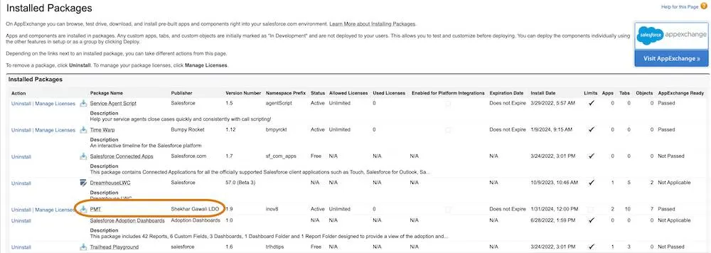 An example org’s list of installed packages with a highlight on PMT.