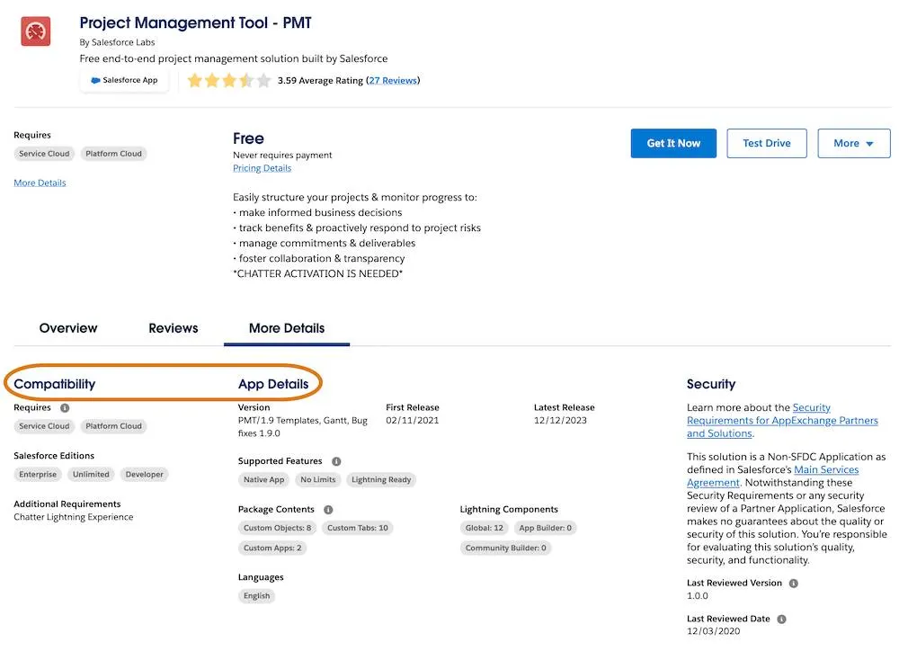 The Project Management Tool - PMT listing More Details tab with a highlight on Compatibility and App Details.