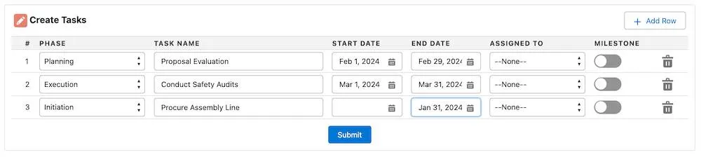 An example Create Tasks window with Phase, Task Name, Start Date, End Date, Assigned To, and Milestones columns.