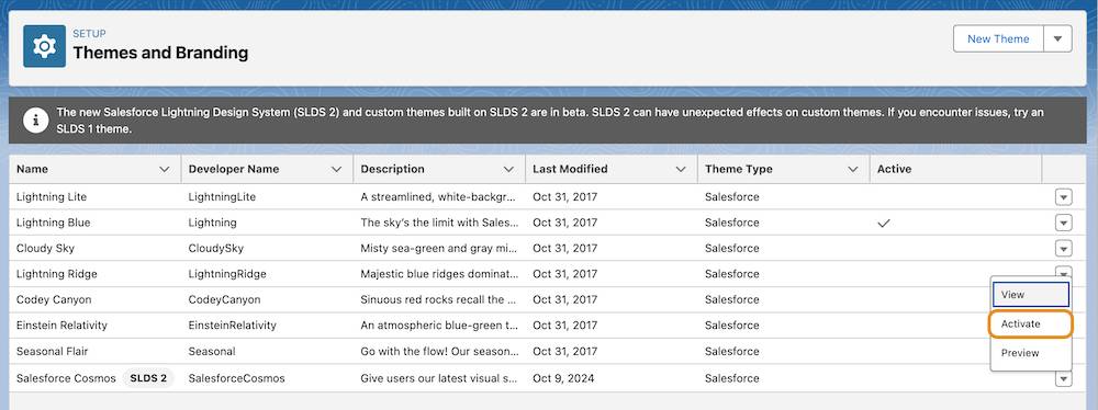 An example Sales org Themes and Branding page with a highlight on Activate on the Salesforce Cosmos SLDS 2 row.