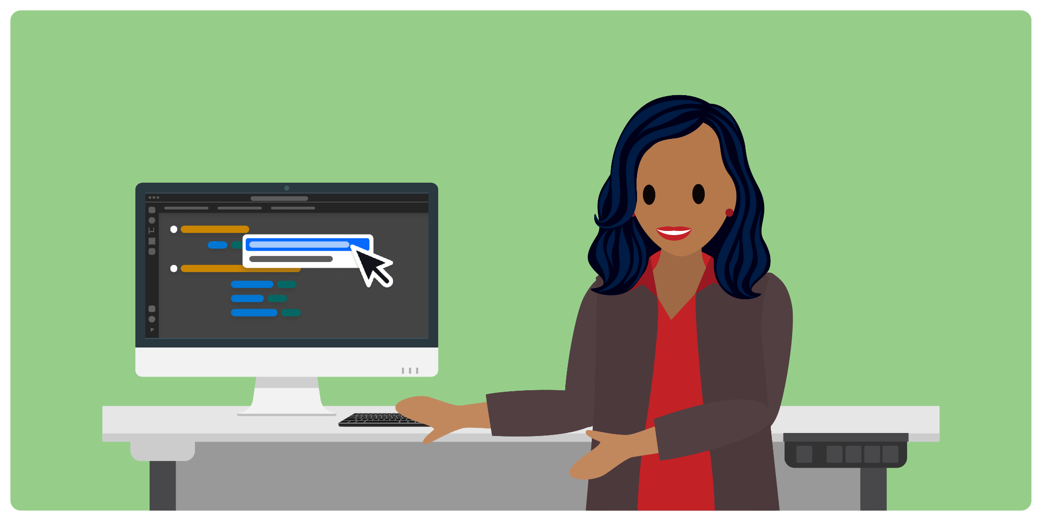 A Salesforce developer works on code that uses a UI inspired by the Salesforce Lightning Design System 2 with rounded corners and bright colors.