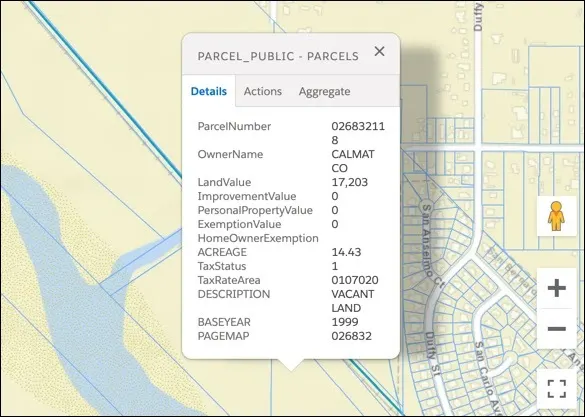 From the map view, a parcel of land is selected, a popup box with more information is displayed under the details tab.