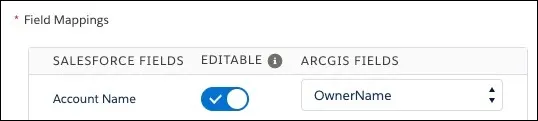 The field mapping menu with Account Name marked as editable and mapped to the Owner name in ArcGIS.