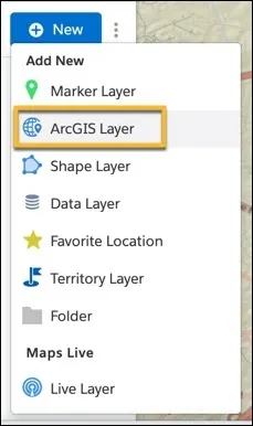 The New Layer dropdown menu displays all layer options, the ArcGIS Layer is highlighted.