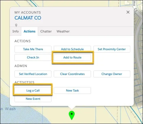 A pin is selected on the map and the actions popup box is displayed and Add to Route and Log a Call is highlighted.