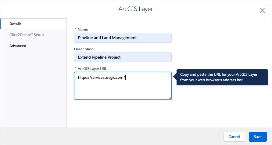 In the ArcGIS Layer Details page, the name is listed as Pipeline and Land Management. The Description is entered as Extend Pipeline Project and the instructions to copy and paste the URL is displayed.