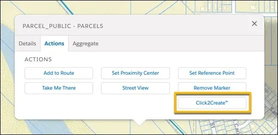  From the map view, a parcel of land is selected, from the popup box the actions tab is selected and Click2Create is highlighted.